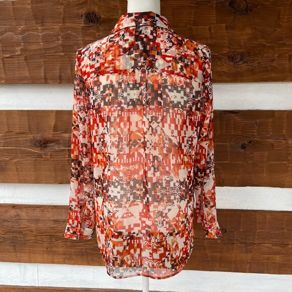 J. JILL Tribal, Geometric, Aztec Button-up Blouse. Orange, Brown Shirt Small S - Picture 7 of 8
